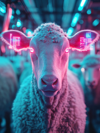Cows and sheep equipped with biometric sensors roam a high-tech smart farm featuring vibrant holographic data displays and a sleek, futuristic design.の素材