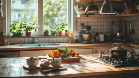 Fresh groceries sit on the table in a warm, cozy kitchen, creating an inviting atmosphere perfect for cooking together.の素材