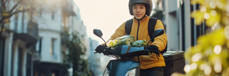 A young courier rides an electric scooter through a green city, delivering fresh groceries while enjoying the soft natural colors of the surroundings.の素材