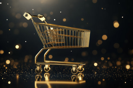 A golden grocery cart stands elegantly against a backdrop of black and gold, embellished with premium textures and sparkling details that evoke luxury.の素材