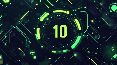 Countdown timer shows 3910 for delivery, with a sleek design, bold typography, and neon green accents in a tech-inspired layout.の素材