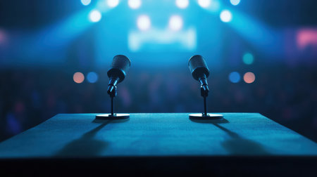 Sleek podium with microphones awaits a speaker, illuminated by a spotlight against a blurred audience, creating an atmosphere of professionalism and importance.の素材