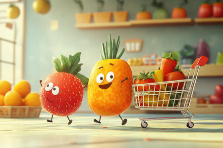 Brightly colored fruits and vegetables dash with energy towards a shopping cart in a lively grocery store filled with delicious produce.の素材