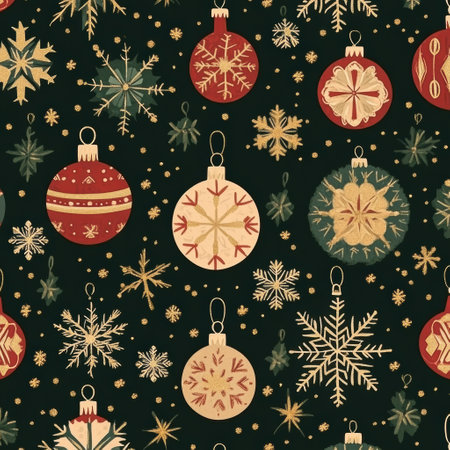 Enjoy a delightful Christmas pattern adorned with golden snowflakes and colorful ornaments, embodying the warmth and joy of the holiday season.の素材