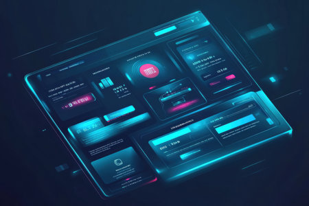 Illustration features a sleek credit card payment interface for grocery orders with a clean blue user interface highlighting modern flat design elements.の素材