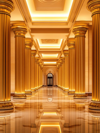 A grand hallway showcases golden columns and lush lighting, embodying high-end political aesthetics in a prestigious government building at dusk.の素材