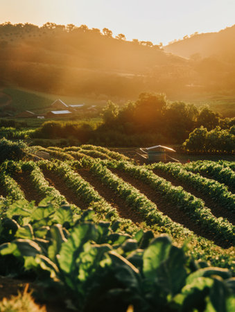 Fresh organic produce being prepared for delivery in a picturesque farm landscape, bathed in warm sunlight with lush greenery and nature vibes all around.の素材