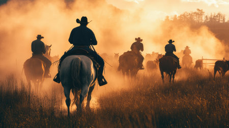 Cowboys skillfully guide cattle across a dusty field at sunset, with cinematic lighting enhancing the high-energy atmosphere of the western landscape.の素材