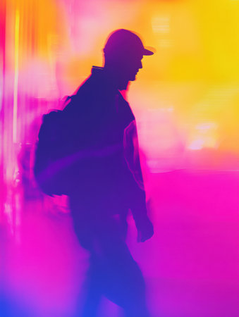 Delivery worker silhouette moves through a vibrant setting with gradient overlays of neon colors, creating an energetic and dynamic atmosphere at dusk.の素材