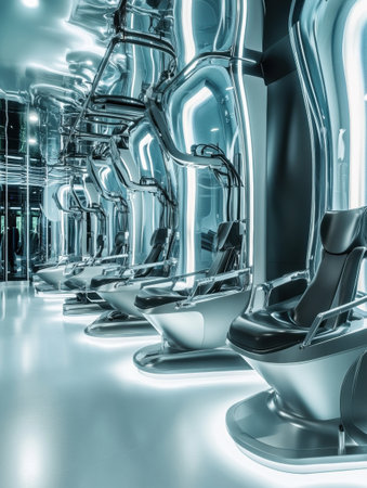 Robotic arms gently milk cows in a high-tech automated milking station designed with smooth metallic surfaces and advanced technology for dairy farming.の素材