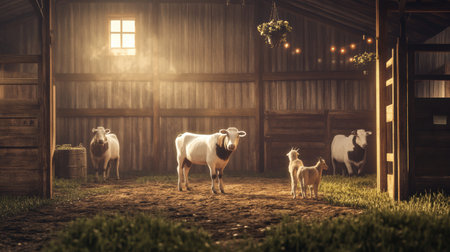 Premium cows and goats interact peacefully under soft, warm light inside a rustic barn, showing the beauty of organic farming with elegant natural textures.の素材