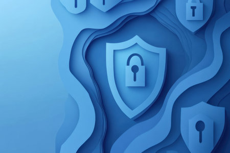 Exploring cybersecurity concepts through layered paper art design featuring locks and shields in modern blue gradientsの素材