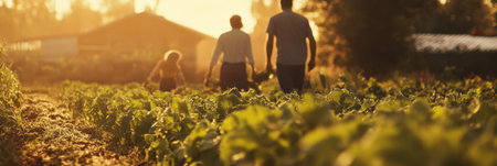 A cheerful family works side by side in the warm sunlight, harvesting fresh vegetables while surrounded by lush greenery on their rural farm.の素材