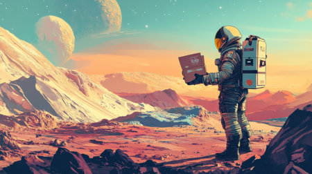 A futuristic astronaut stands on the red landscape of Mars, holding a delivery box amidst colorful skies and distant celestial bodies at twilight.の素材