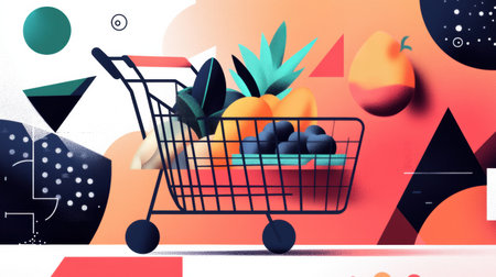 A modern grocery illustration shows a colorful shopping cart filled with fruits against a backdrop of geometric shapes and colors.の素材