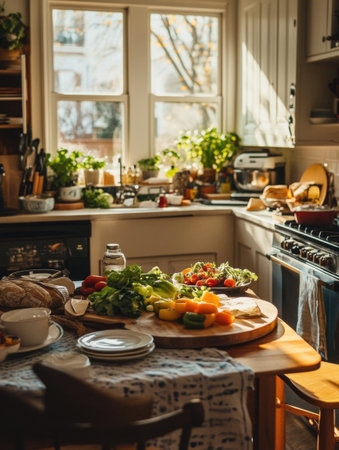 Warm natural light fills a cozy kitchen where fresh groceries are gathered on a wooden table, inviting family gatherings and cooking moments.の素材