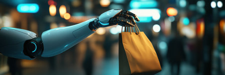 A futuristic delivery robot showcases a grocery bag in a vibrant cyberpunk setting with sleek lighting and colorful reflections.の素材