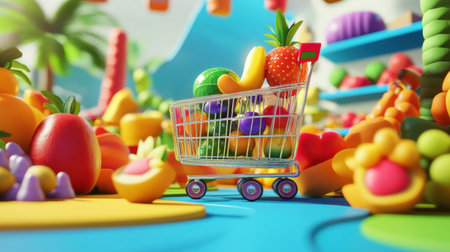 Animated fruits and vegetables energetically compete to reach a shopping cart overflowing with fresh produce in a bright, cheerful environment.の素材