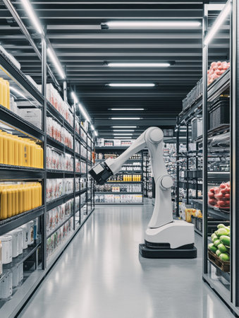 Robotic arms efficiently pick groceries from neatly organized shelves in a futuristic warehouse dedicated to fulfilling online orders.の素材