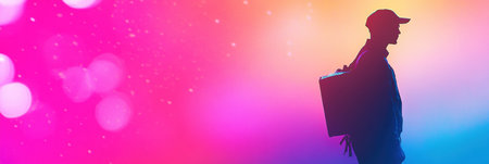 Vibrant abstract background featuring a delivery worker silhouette with neon tones and soft depth effects Generative AIの素材