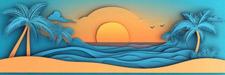 Dreamy tropical island with paper cut design featuring palm trees and golden sunset over blue wavesの素材