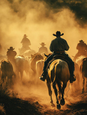 Cowboys skillfully guide cattle through a dusty landscape as sunlight casts a warm glow, creating a high-energy, adventurous ambiance in the airの素材