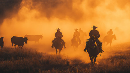 Cowboys expertly maneuver their horses, driving cattle through swirling dust under cinematic lighting during a vibrant sunset in the open countryside.の素材