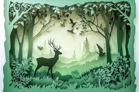 Layered paper cut forest design showcasing deer and birds amidst soft green and earthy tones with a stunning depth effectの素材