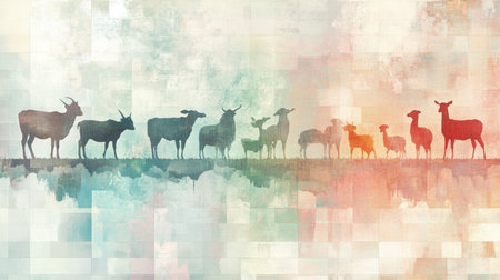 Abstract artwork showcases farm animal silhouettes against soft color gradients and textures for a harmonious blend.の素材