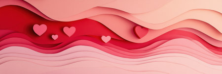 Romantic layered paper cut background with floating hearts in soft red and pink gradients and deep paper textures Generative AIの素材
