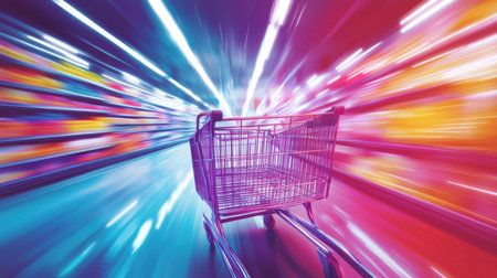 Grocery cart rushes down a vibrant supermarket aisle filled with colorful products and high energy Generative AIの素材