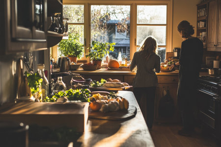 Cozy kitchen with fresh groceries and warm light inviting family bonding momentsの素材