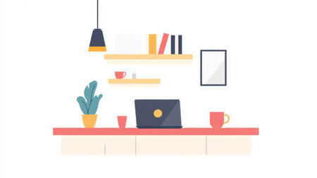 Bright and inviting workspace on a kitchen table features a laptop, a cup of coffee, and plenty of natural light for a productive morning vibe.の素材