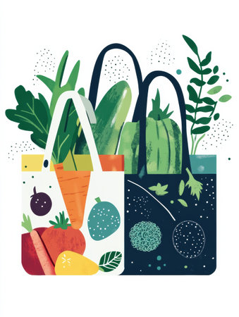 Colorful art of reusable grocery bags filled with fresh veggies, highlighting sustainability and eco-friendly living.の素材