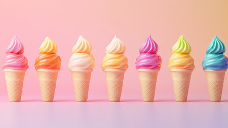 A delightful display of rainbow-colored ice cream cones stands in a row, each offering a glossy, vibrant flavor against a soft pastel backdrop on a sunny day.の素材