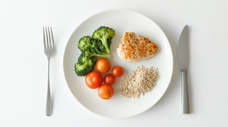 Fresh vegetables, lean chicken, and whole grains are beautifully arranged on a white plate, showing a minimalist and healthy eating aesthetic.の素材
