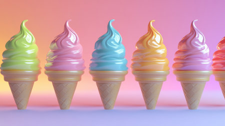 Bright and cheerful ice cream cones in various rainbow colors line up against a soft pastel backdrop, showing different flavors and glossy finishes.の素材