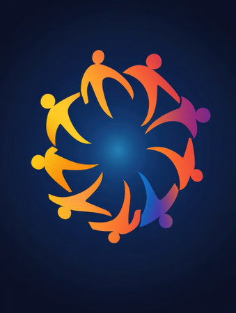 Colorful human figures form a circular unity symbol in a sleek, minimalistic design against an abstract gradient backdrop.の素材