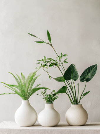 This composition showcases green plants arranged in white ceramic vases, creating an elegant ambiance with a neutral backdrop, perfect for any home decor.の素材