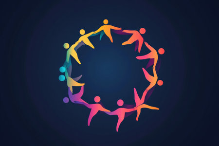 Abstract logo design features human figures forming a circular unity symbol with a sleek modern look, set against a colorful gradient backdrop.の素材