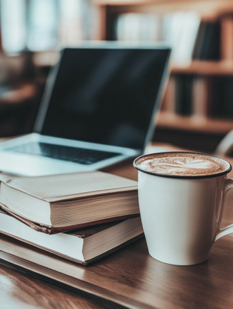 A sleek laptop sits beside study books and a cozy coffee cup in a minimalistic workspace filled with soft natural lighting, creating an inviting atmosphere.の素材