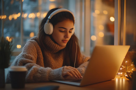 Student concentrates on laptop study session in a cozy setting, enjoying warm lighting and a cup of coffee, perfect for productive learning.の素材