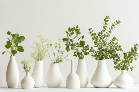 A clean display of green plants in white ceramic vases enhances a neutral background, showing a refined and sophisticated home decor style.の素材