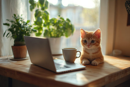 Cozy workspace setup on kitchen table features a laptop, coffee, and natural morning light enhancing a relaxed and productive vibe with greenery nearby.の素材