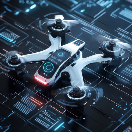 This advanced drone showcases cutting-edge technology, featuring a digital targeting interface designed for high-precision surveillance and navigation tasks.の素材
