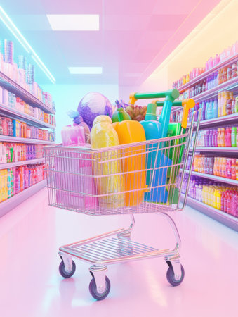 Shopping cart brimming with assorted groceries showcases a colorful variety against bright and lively supermarket aisles, creating an energetic atmosphere.の素材