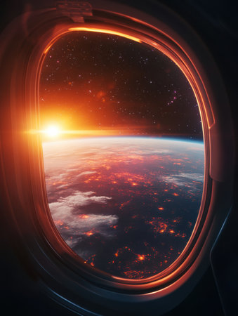 Gaze upon a stunning exoplanet illuminated by a glowing atmosphere through a futuristic shuttle window as the sun sets over the horizon.の素材