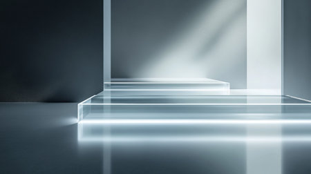 Minimalist display floating glass panels emit soft light in directional lighting.の素材