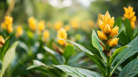 Vibrant turmeric leaves and golden flowers create a stunning landscape, showing natures rich tones and earthy textures.の素材