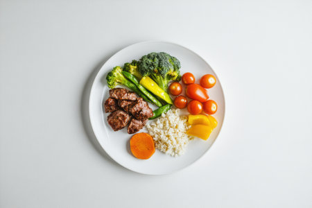 Colorful assortment of fresh vegetables, lean protein, and whole grains displayed nicely on a white plate, reflecting a minimalist healthy eating approach.の素材